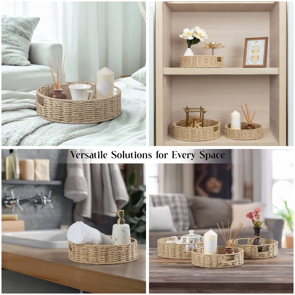 Woodluv 3 x Round Handwoven Paper rope Trays, Large & Medium - Khaki