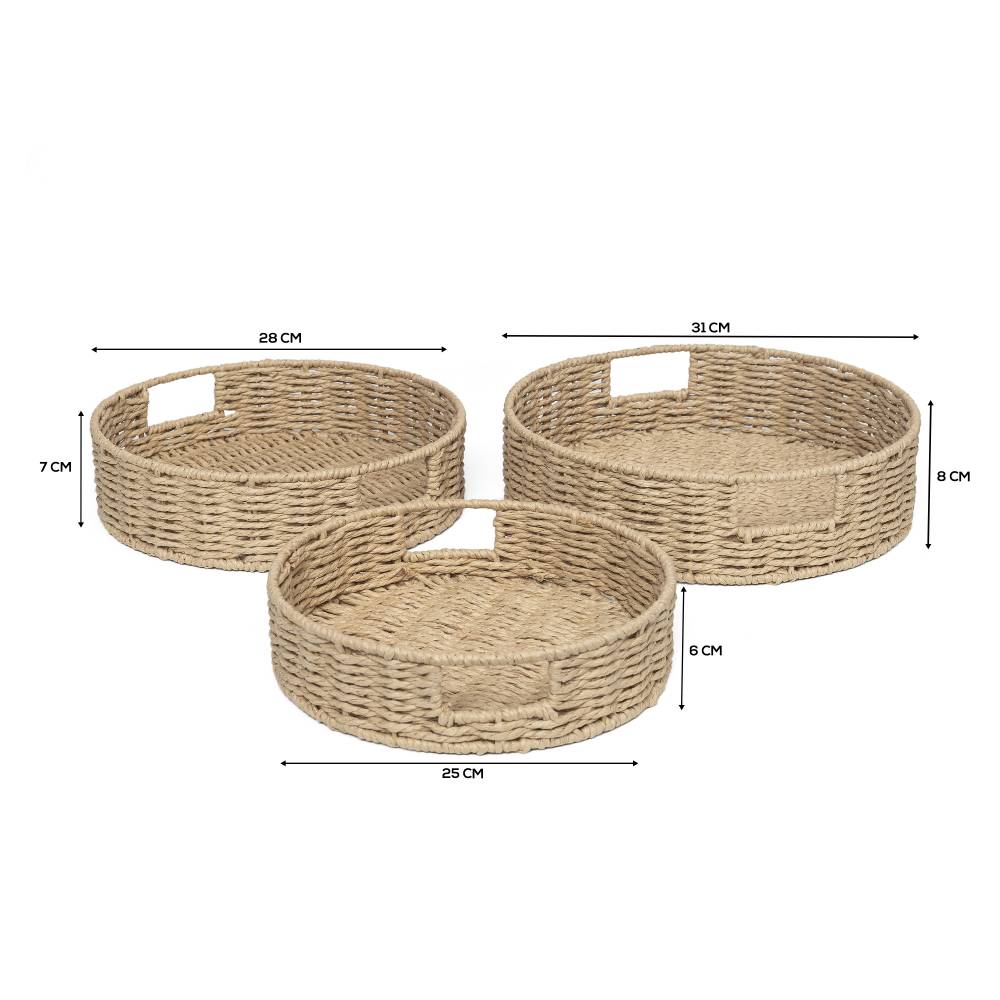 Woodluv 3 x Round Handwoven Paper rope Trays, Large & Medium - Khaki
