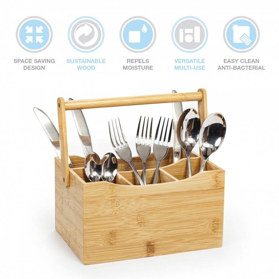 Woodluv 4 Compartment Drop Down Bamboo Utensil Caddy