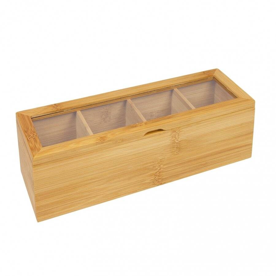 Woodluv 4 Compartment  Bamboo Tea Bag Storage Caddy With Acrylic Lid