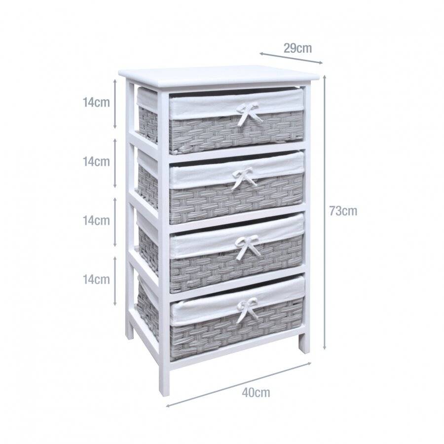 Woodluv 4 Drawer MDF Storage Unit With Grey Basket & Removable Liner