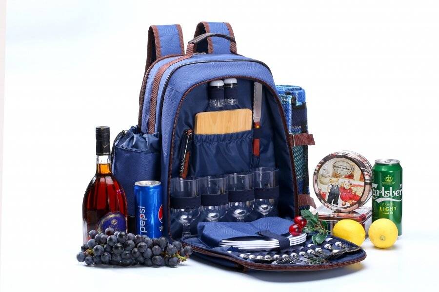 4 Person Picnic Backpack W/Accessory, Blanket & Wine Cooler Bag