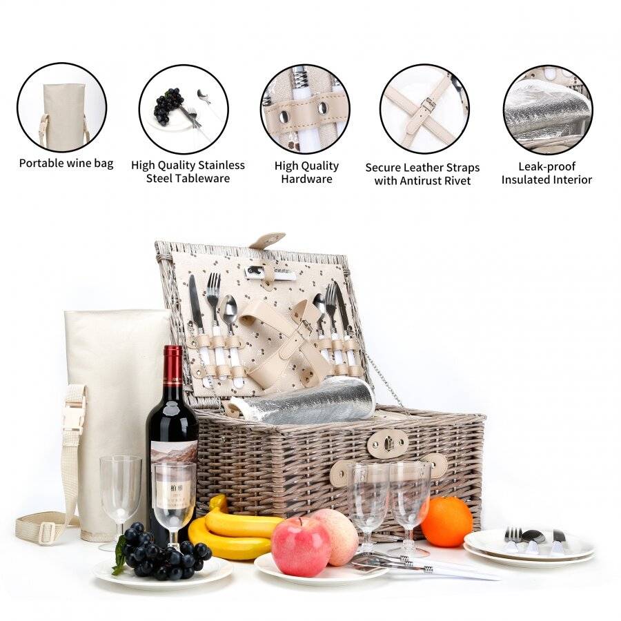 Woodluv Luxury 4 Person Wicker Chiller Picnic Hamper Basket - Grey