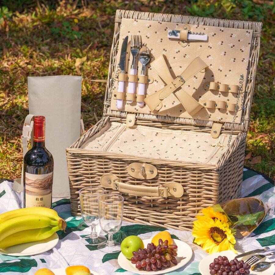 Woodluv Luxury 4 Person Wicker Chiller Picnic Hamper Basket - Grey