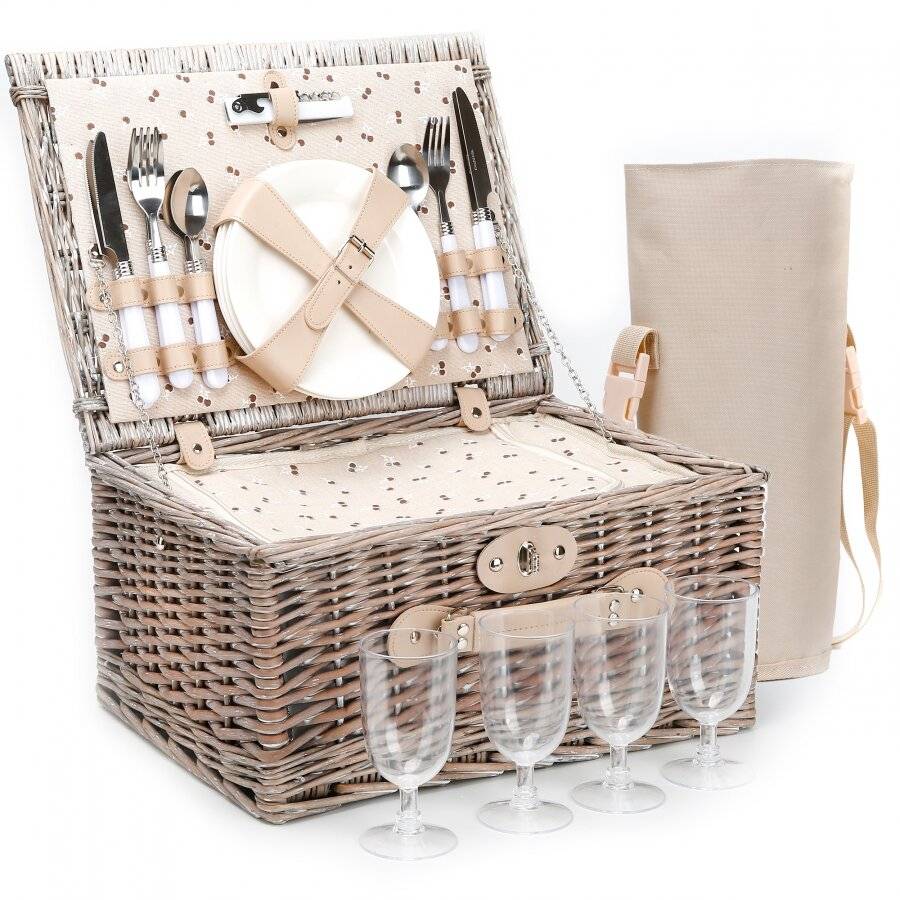 Woodluv Luxury 4 Person Wicker Chiller Picnic Hamper Basket - Grey