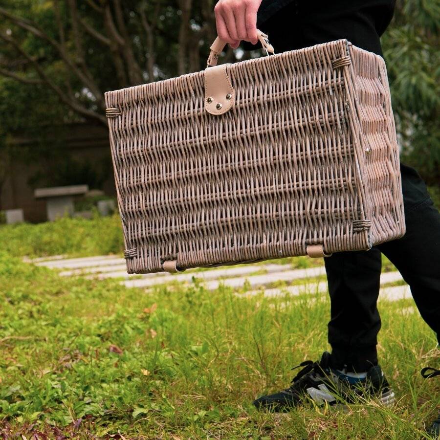 Woodluv Luxury 4 Person Wicker Chiller Picnic Hamper Basket - Grey