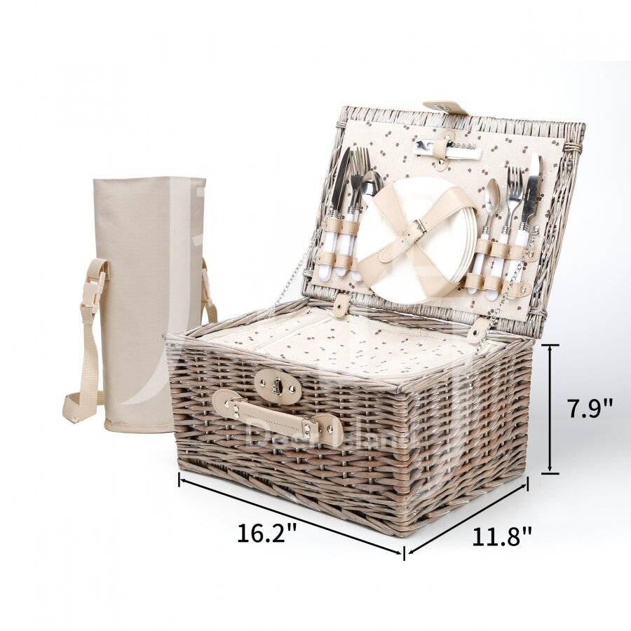 Woodluv Luxury 4 Person Wicker Chiller Picnic Hamper Basket - Grey