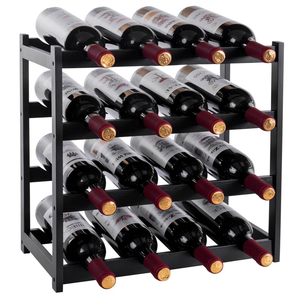 Woodluv 4-Tier Bamboo Wine Rack, Wine Holder, Blk