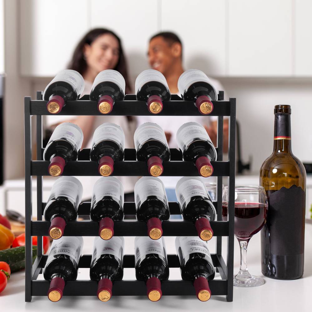 Woodluv 4-Tier Bamboo Wine Rack, Wine Holder, Blk