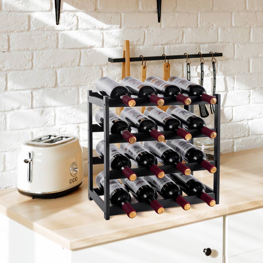 Woodluv 4-Tier Bamboo Wine Rack, Wine Holder, Blk