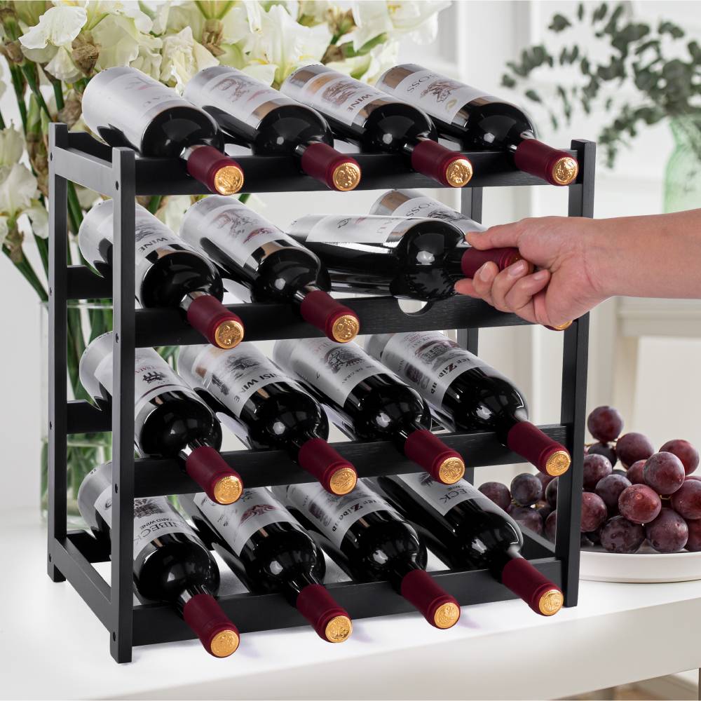 Woodluv 4-Tier Bamboo Wine Rack, Wine Holder, Blk