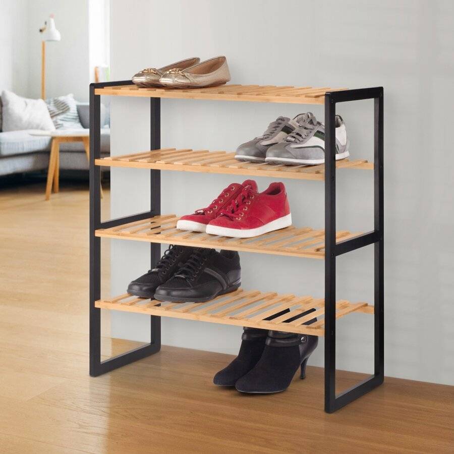 Woodluv 4 Tier Natural Bamboo Shoe Rack Stand, Natural & Black