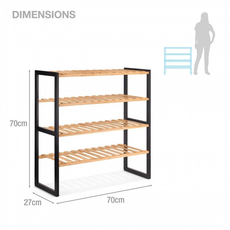 Woodluv 4 Tier Natural Bamboo Shoe Rack Stand, Natural & Black