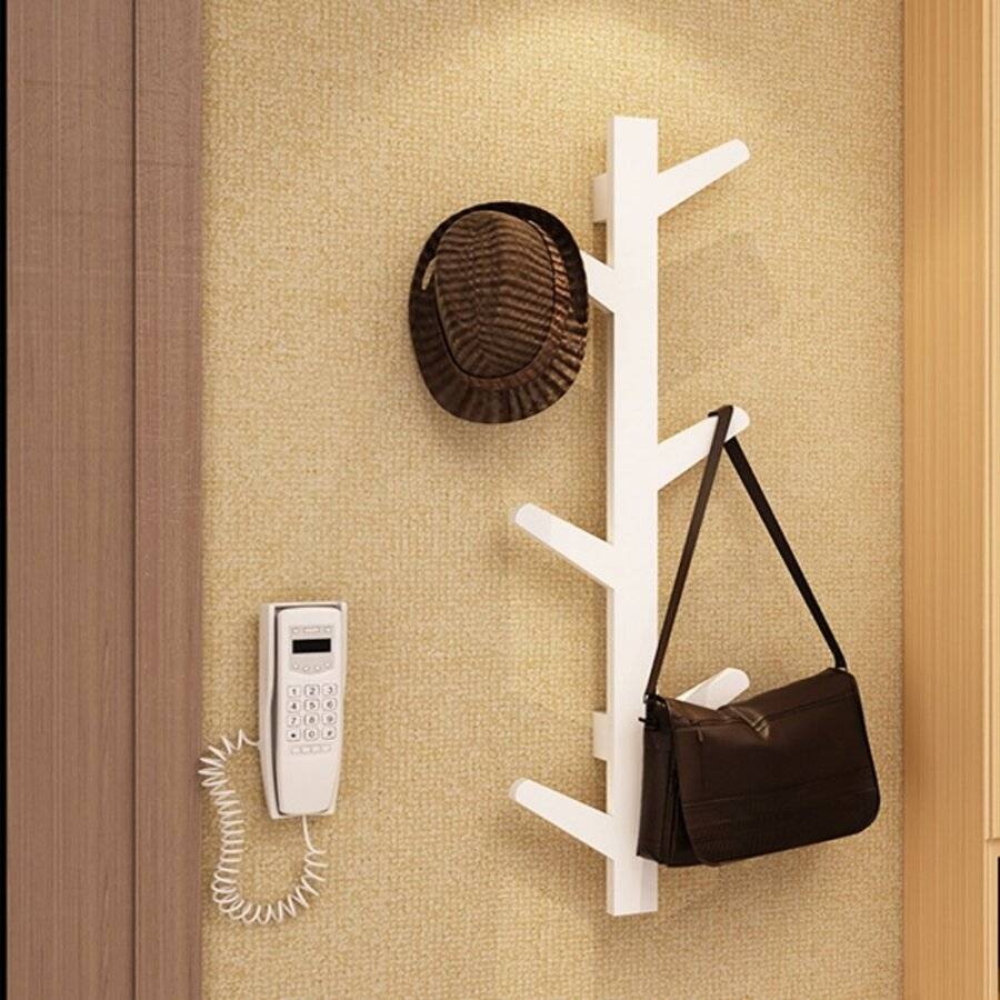 Woodluv 6 Hook Wall-Mounted Bamboo Tree Branch Coat Hook - White