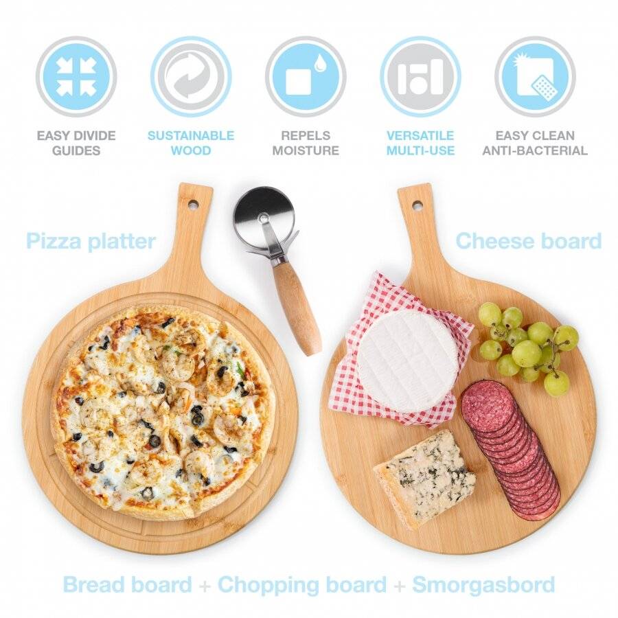Woodluv 6 Section Bamboo Pizza Cutting Board With Pizza Cutter
