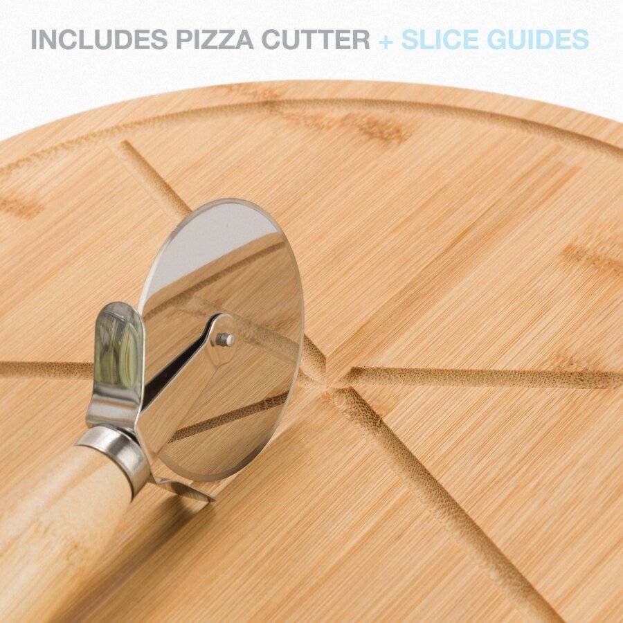 Woodluv 6 Section Bamboo Pizza Cutting Board With Pizza Cutter