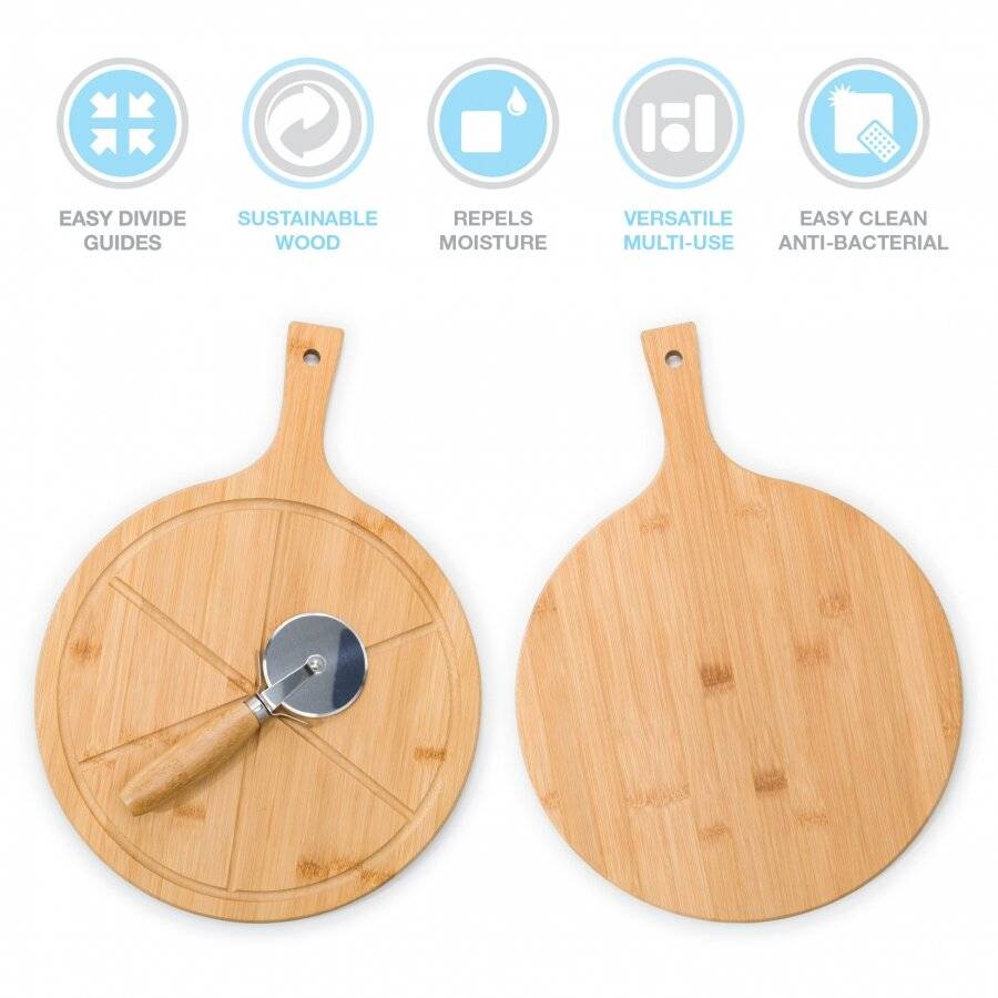 Woodluv 6 Section Bamboo Pizza Cutting Board With Pizza Cutter