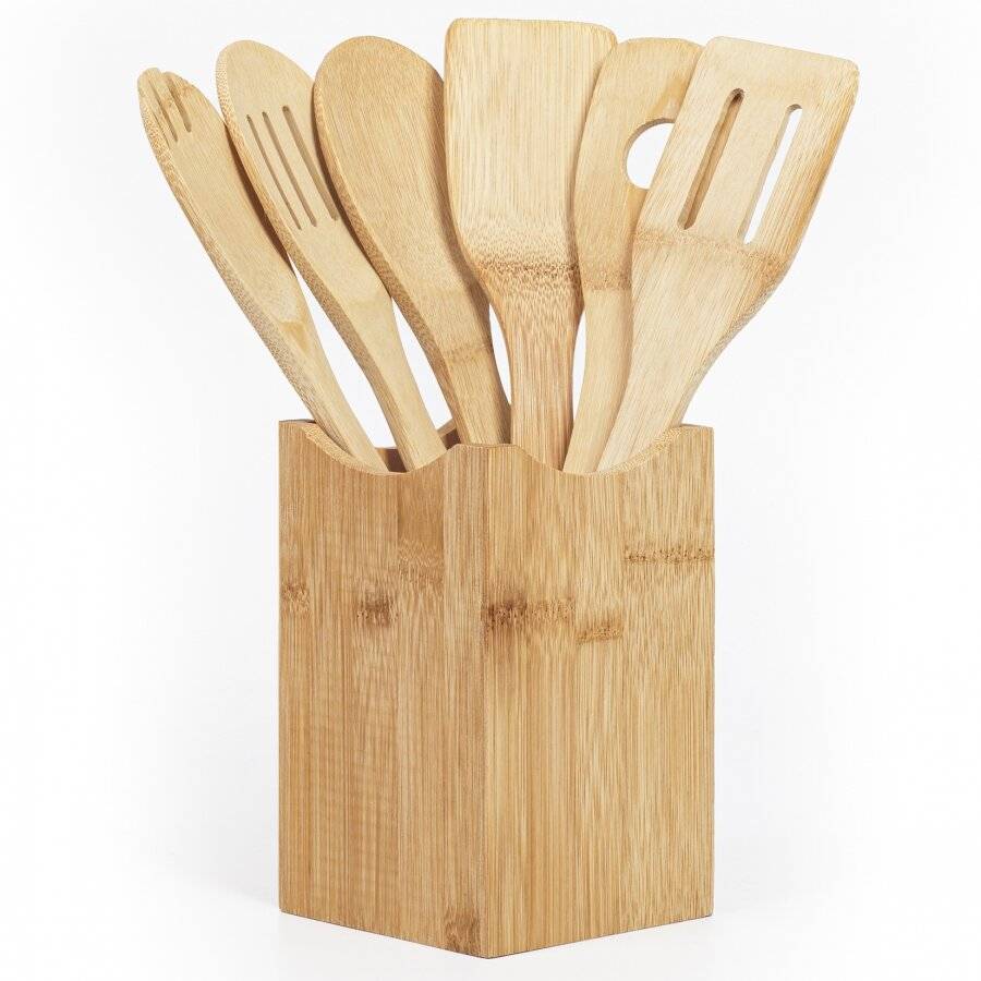 Woodluv 6 X Bamboo Serving Spoons Set With Utensil Holder Set