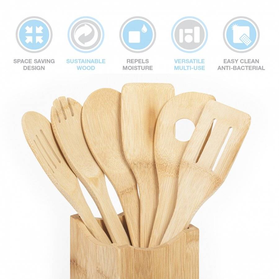 Woodluv 6 X Bamboo Serving Spoons Set With Utensil Holder Set