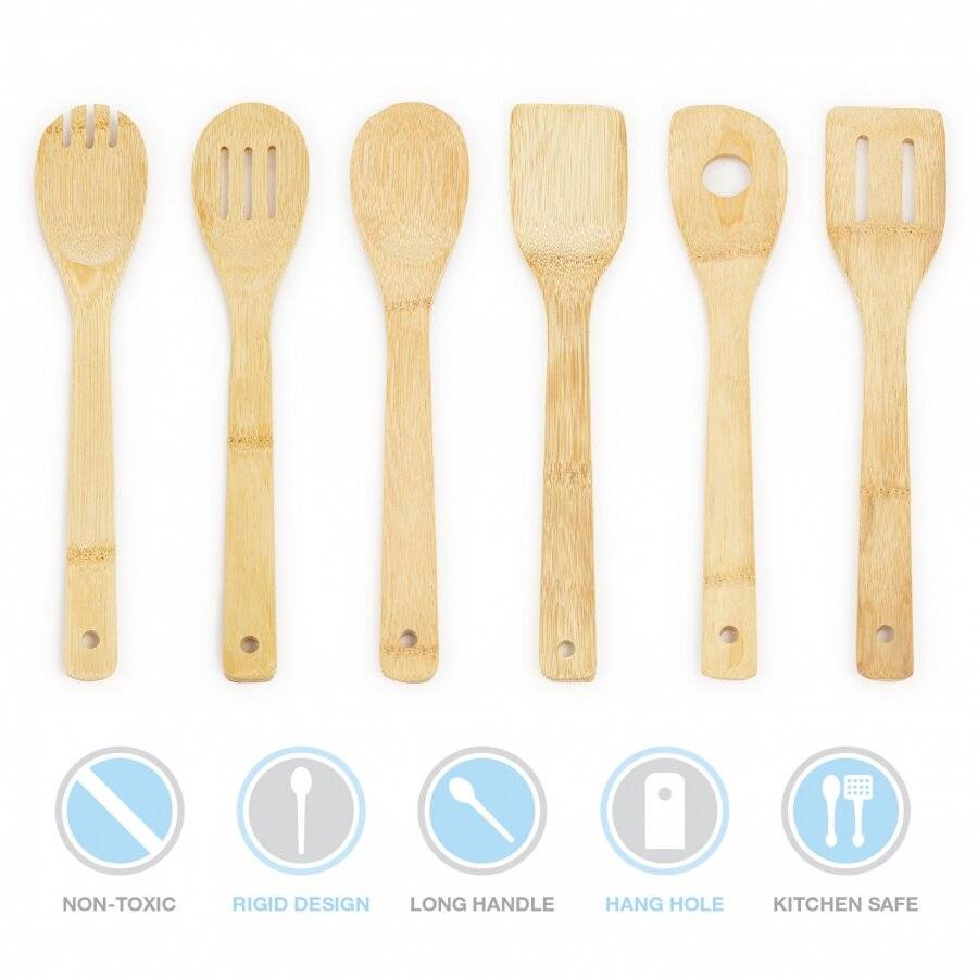 Woodluv 6 X Bamboo Serving Spoons Set With Utensil Holder Set
