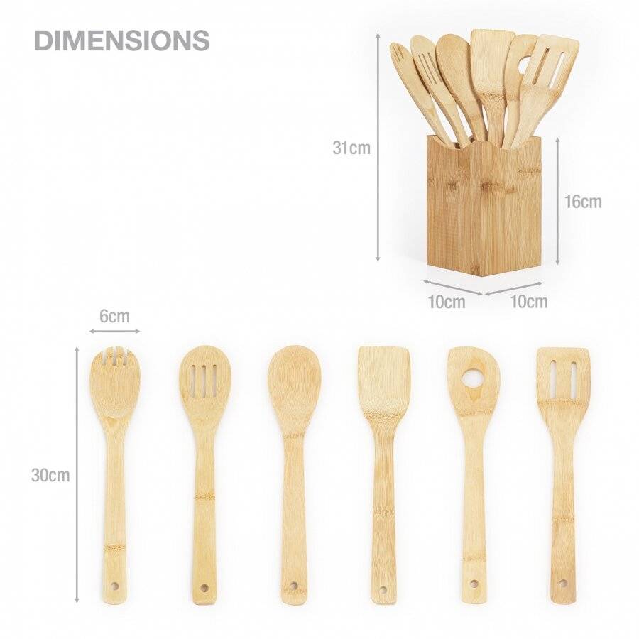 Woodluv 6 X Bamboo Serving Spoons Set With Utensil Holder Set