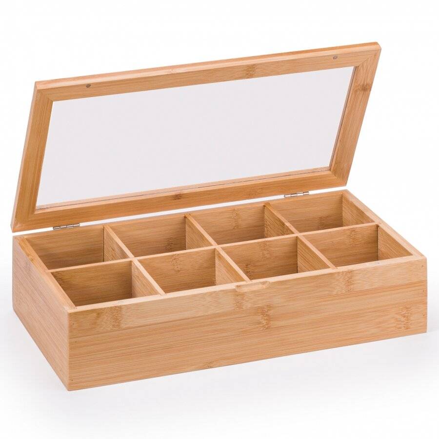 Woodluv 8 Compartment  Bamboo Tea Bag Storage Caddy With Acrylic Lid