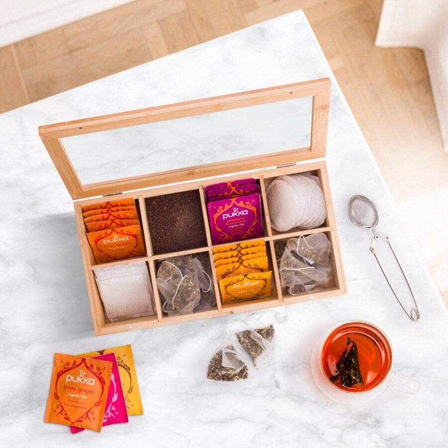 Woodluv 8 Compartment  Bamboo Tea Bag Storage Caddy With Acrylic Lid