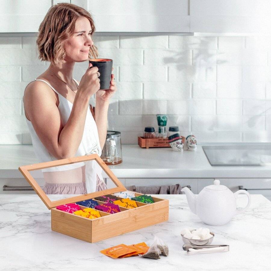Woodluv 8 Compartment  Bamboo Tea Bag Storage Caddy With Acrylic Lid
