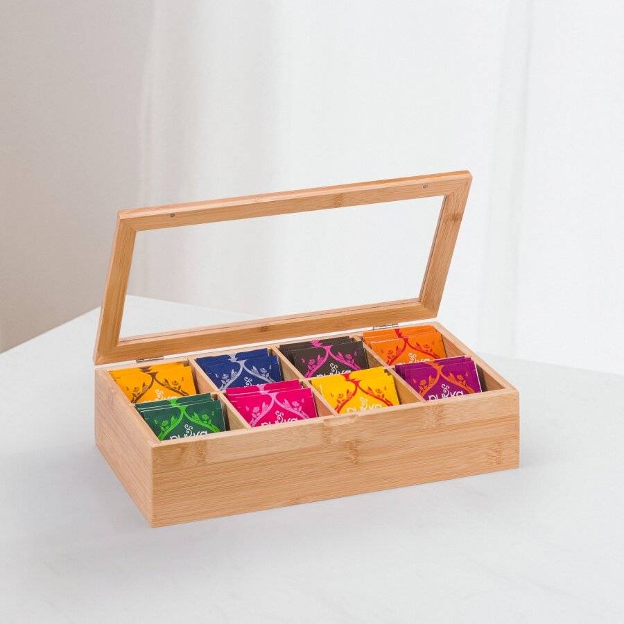 Woodluv 8 Compartment  Bamboo Tea Bag Storage Caddy With Acrylic Lid