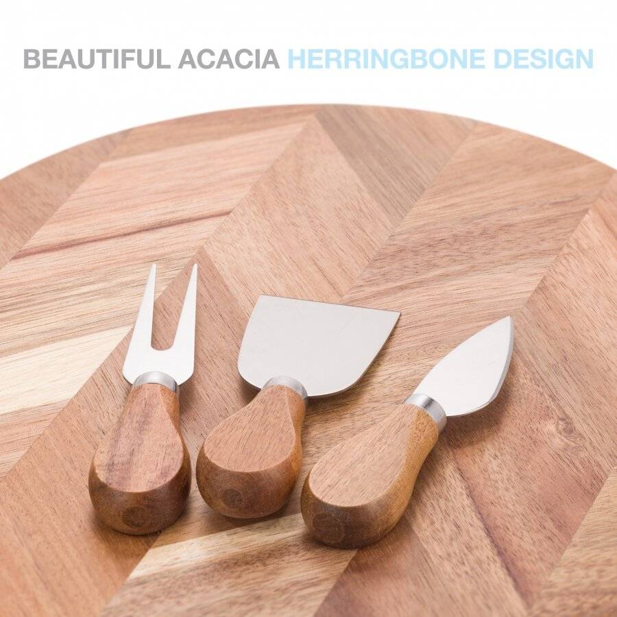 Woodluv Acacia Wood Cheese Board Set With Three Cheese Knives