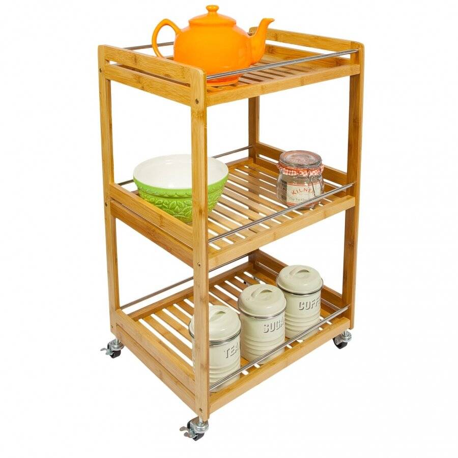 Bamboo 3 Tier Kitchen Storage Serving Trolley Island Cart With Wheels