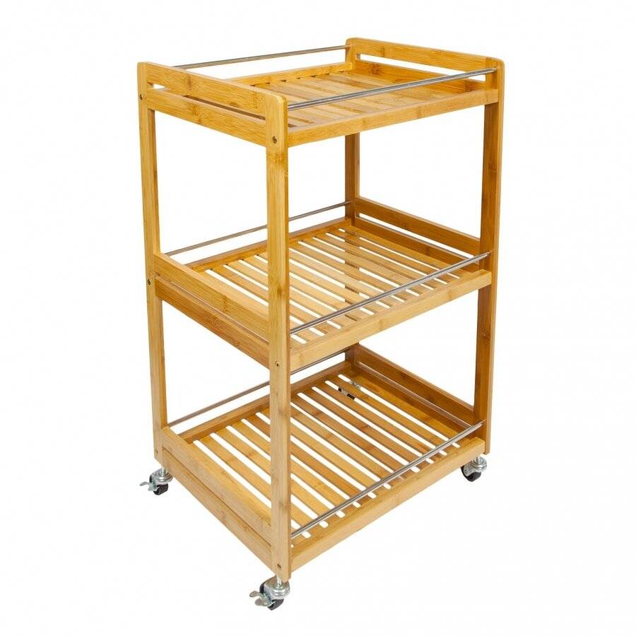 Bamboo 3 Tier Kitchen Storage Serving Trolley Island Cart With Wheels
