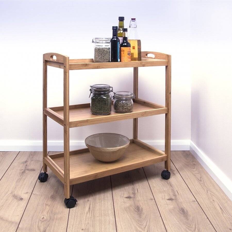 Woodluv Bamboo 3 Tiers Kitchen Storage Trolley With Wheels