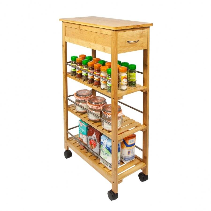 Woodluv Bamboo 3 Tier Kitchen Trolley With Storage Drawer & Wheels