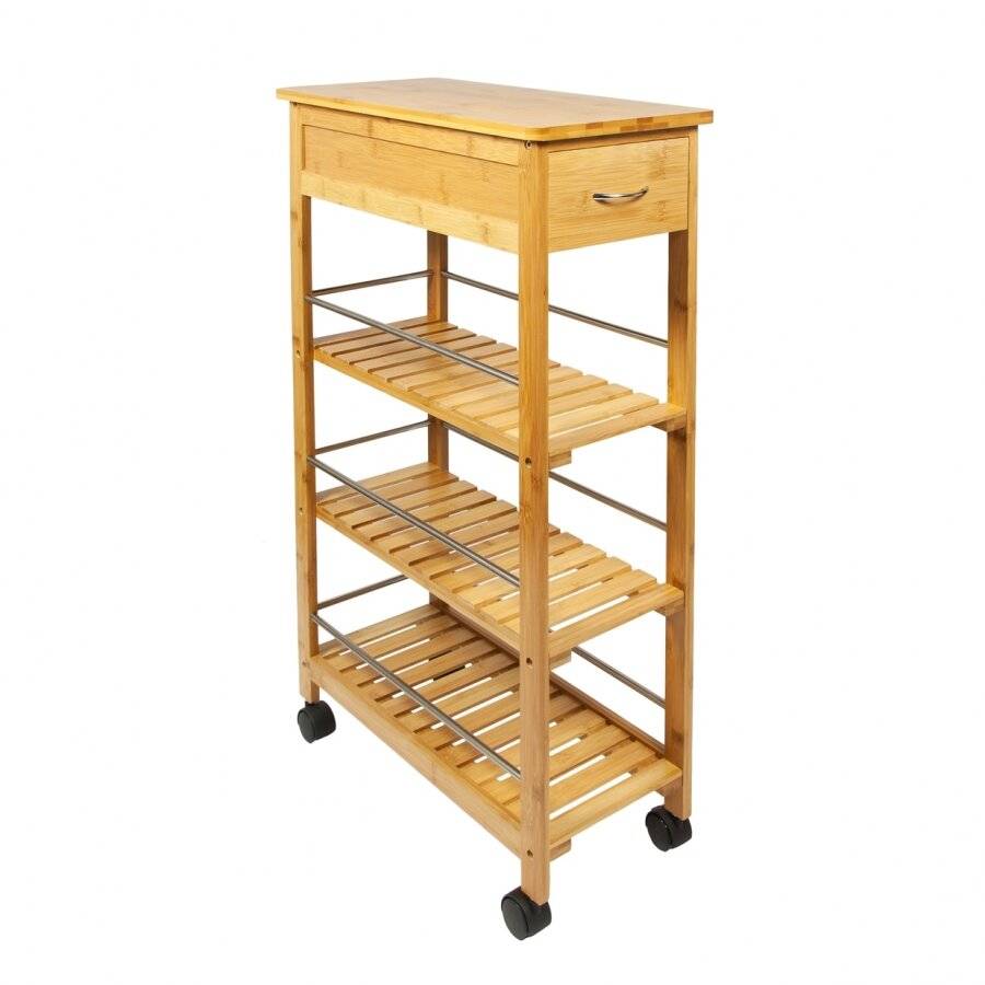 Woodluv Bamboo 3 Tier Kitchen Trolley With Storage Drawer & Wheels