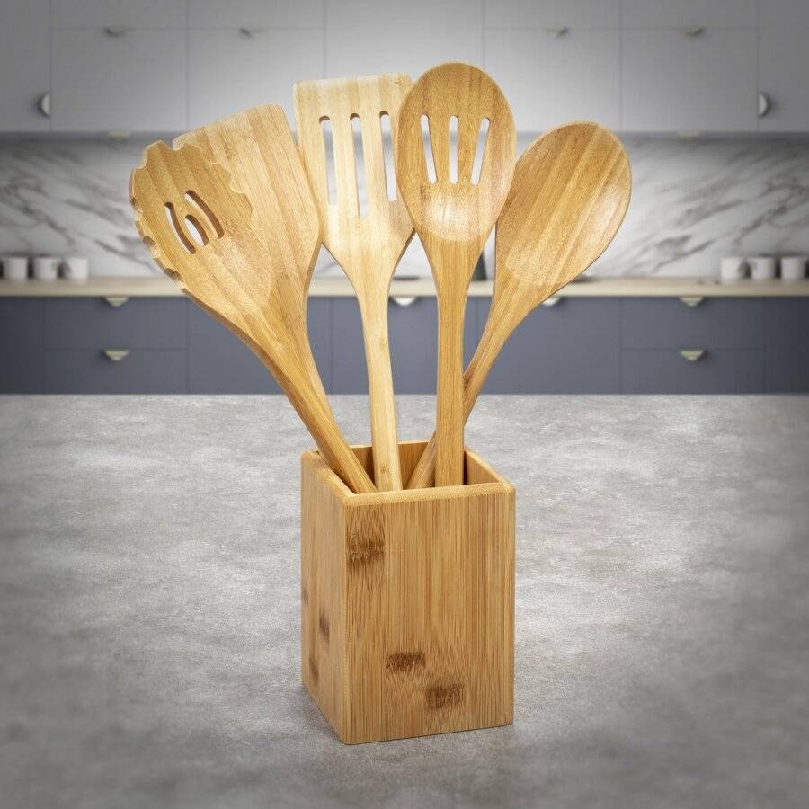 Bamboo Set of 6 Cooking Utensils and Serving Accessories With Holder