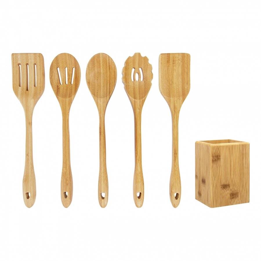 Bamboo Set of 6 Cooking Utensils and Serving Accessories With Holder