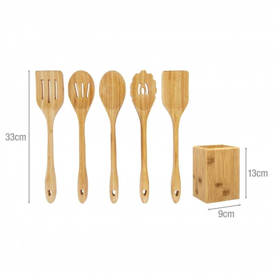 Bamboo Set of 6 Cooking Utensils and Serving Accessories With Holder