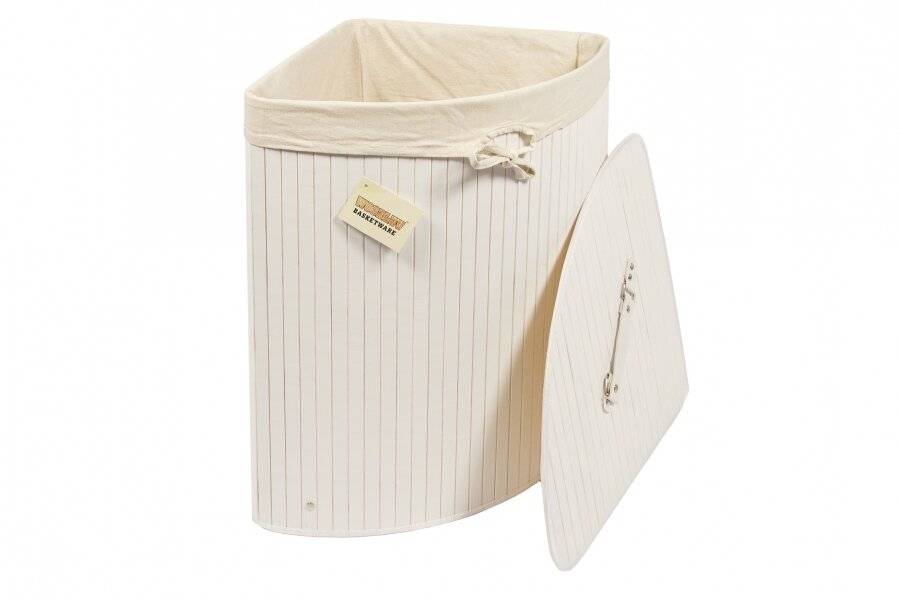 Woodluv Bamboo Corner Laundry Linen Storage Folding Basket, White