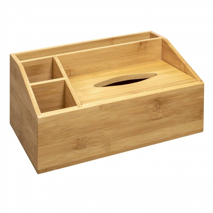 Bamboo Multipurpose Desk Organizer Caddy With Tissue box