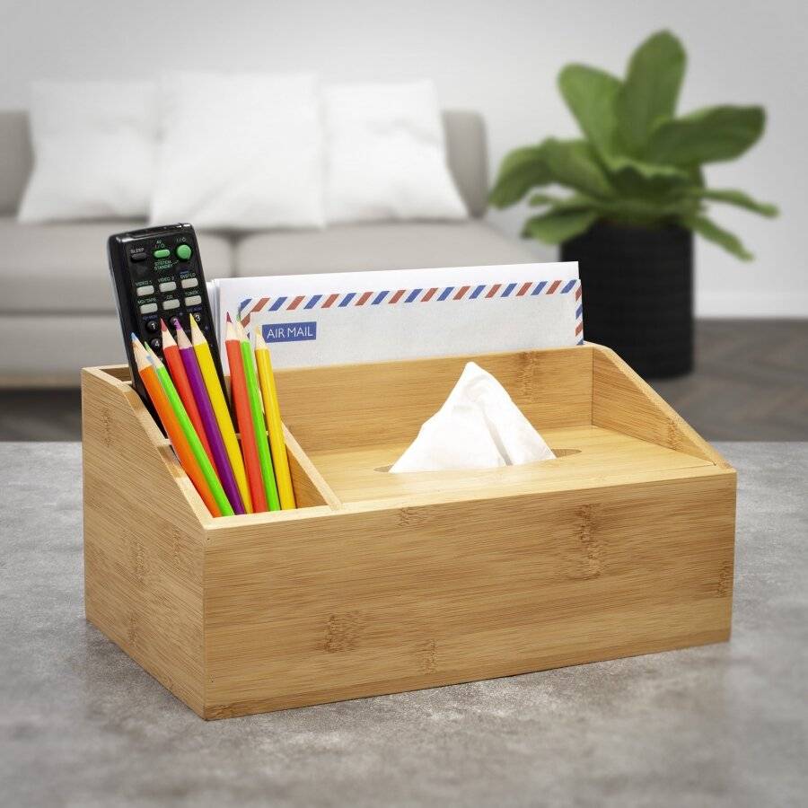 Bamboo Multipurpose Desk Organizer Caddy With Tissue box