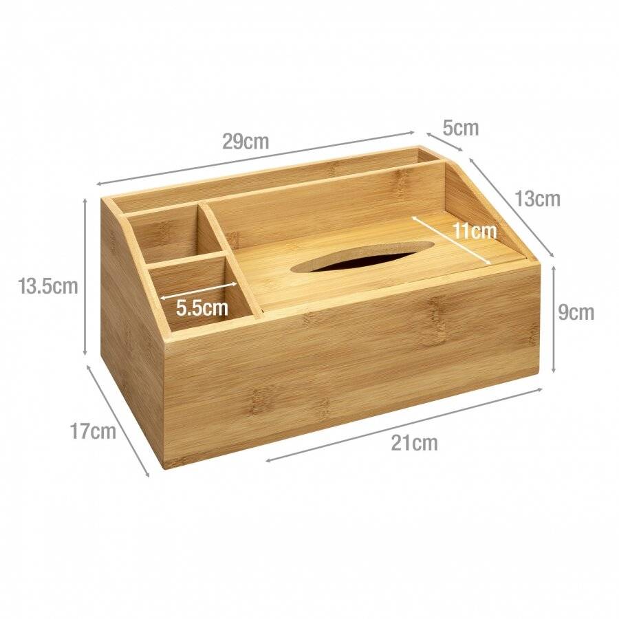 Bamboo Multipurpose Desk Organizer Caddy With Tissue box