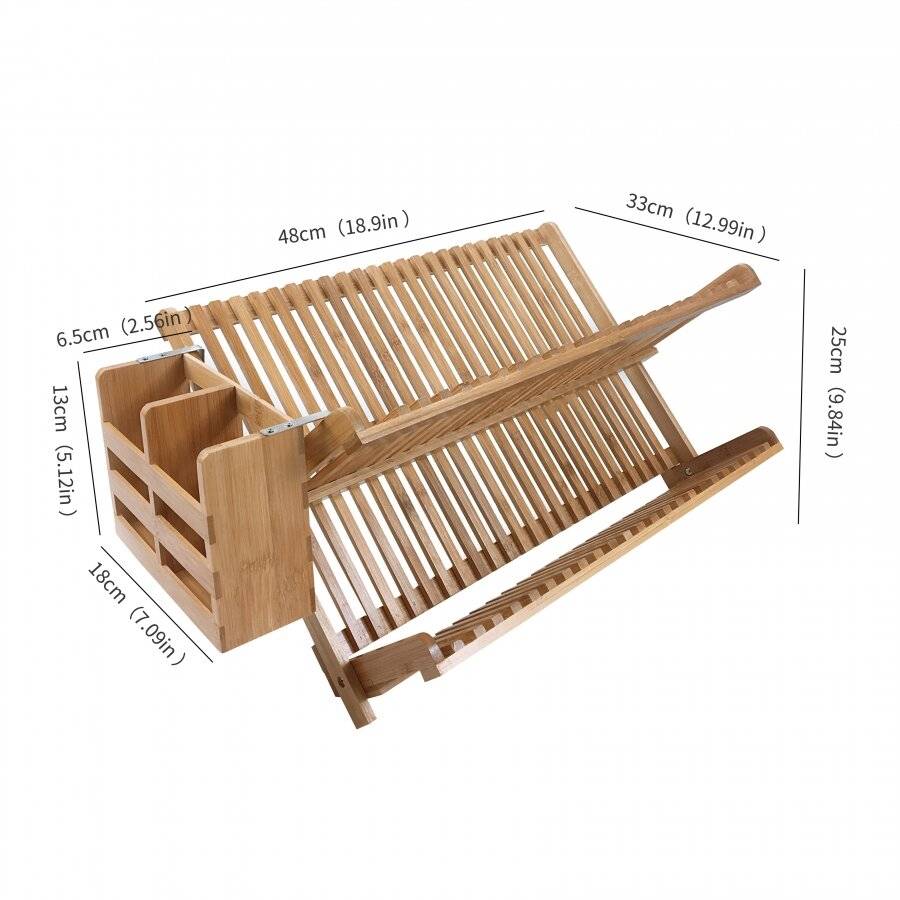 Woodluv Bamboo Folding 2 Tier Dish Drying Rack With Utensils Holder