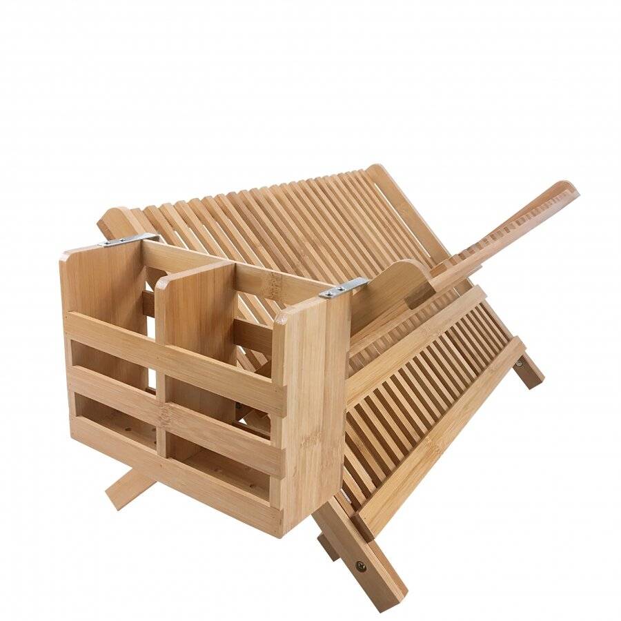 Woodluv Bamboo Folding 2 Tier Dish Drying Rack With Utensils Holder