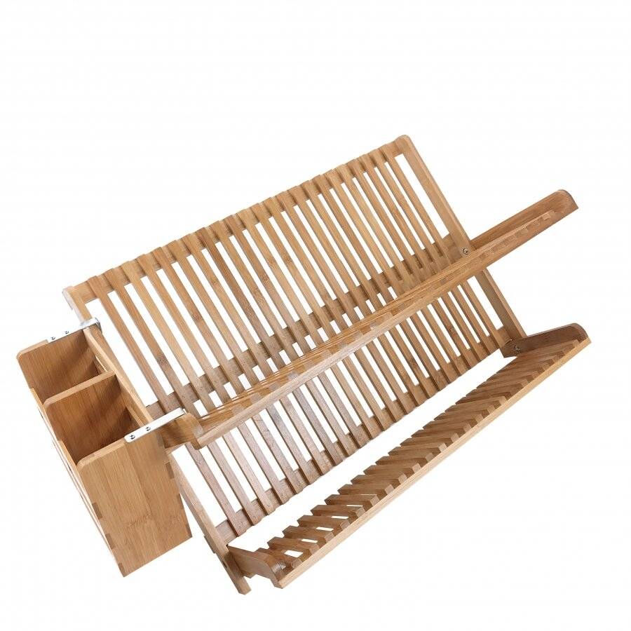 Woodluv Bamboo Folding 2 Tier Dish Drying Rack With Utensils Holder