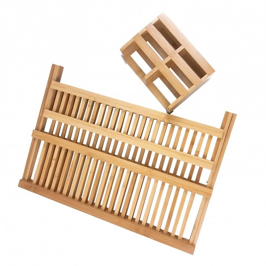 Woodluv Bamboo Folding 2 Tier Dish Drying Rack With Utensils Holder