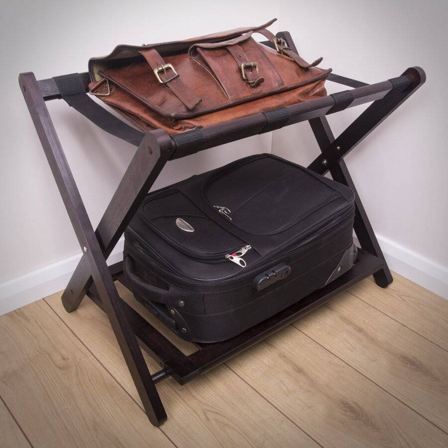Woodluv Bamboo Folding Luggage Rack or Suitcase Stand - Walnut Dark