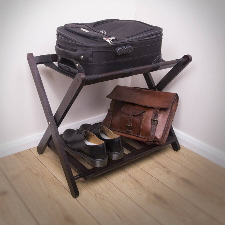 Woodluv Bamboo Folding Luggage Rack or Suitcase Stand - Walnut Dark