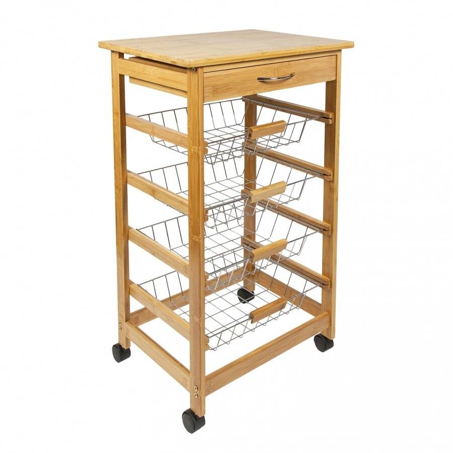 Woodluv Bamboo Kitchen Cart With Drawer and Wire Basket