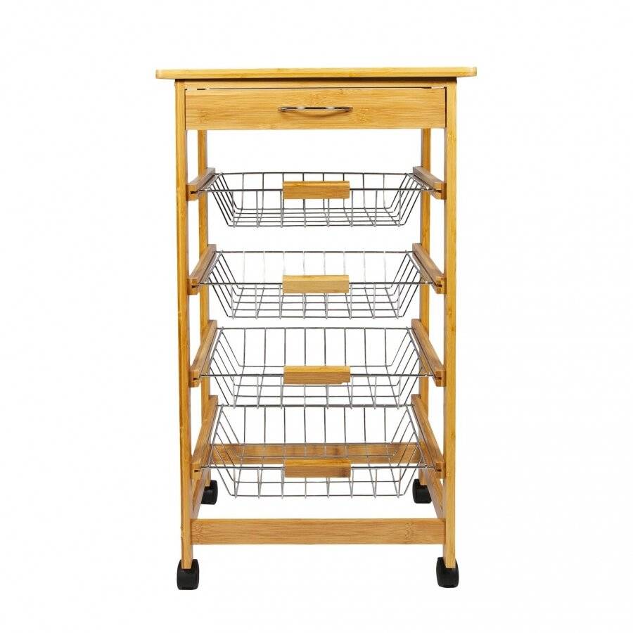 Woodluv Bamboo Kitchen Cart With Drawer and Wire Basket